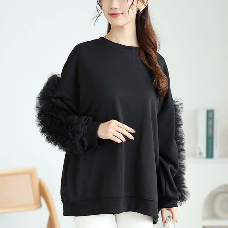 大きいサイズ レディース 袖チュールフリルプルオーバー　plan-260526 ブラック