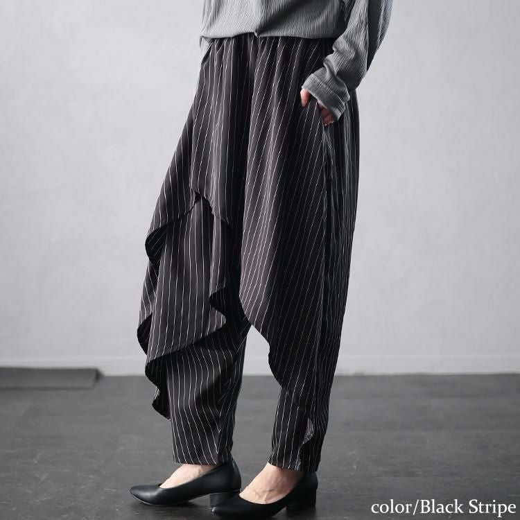 大きいサイズ レディース アシメレイヤードサルエルパンツ　u2-0100 ブラックストライプ