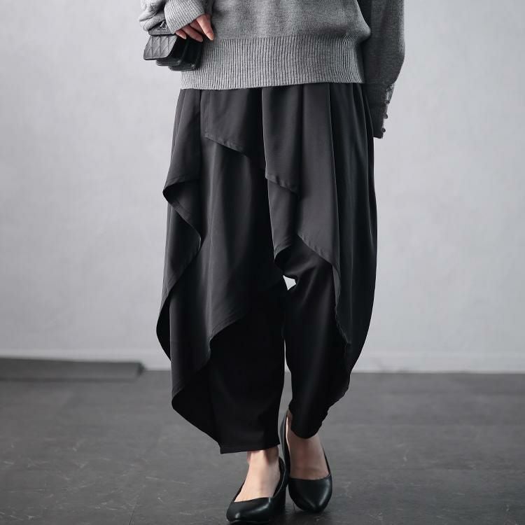 大きいサイズ レディース アシメレイヤードサルエルパンツ　u2-0100 ブラック