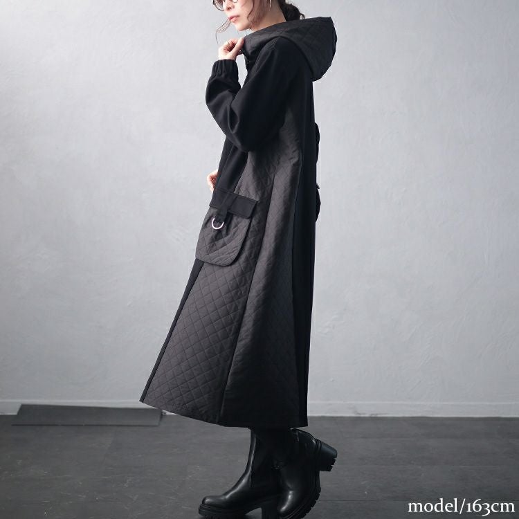 大きいサイズ レディース キルト配色ビッグポケットフーディーワンピース　u2-0099