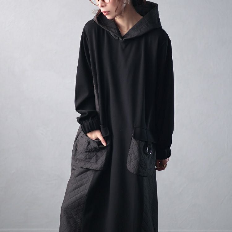 大きいサイズ レディース キルト配色ビッグポケットフーディーワンピース　u2-0099