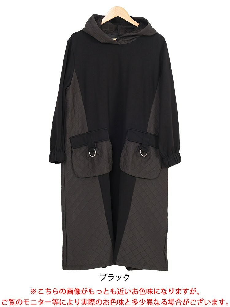 大きいサイズ レディース キルト配色ビッグポケットフーディーワンピース　u2-0099