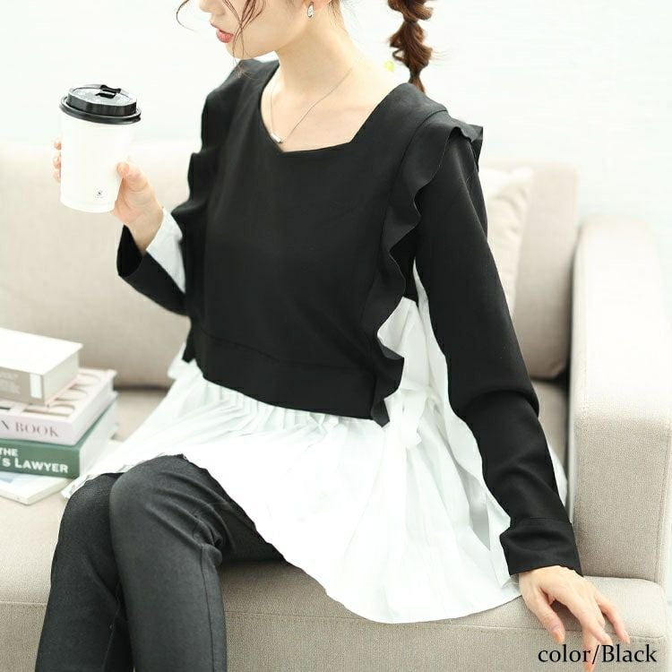 大きいサイズ レディース 配色プリーツドッキングフリルプルオーバー　jp509