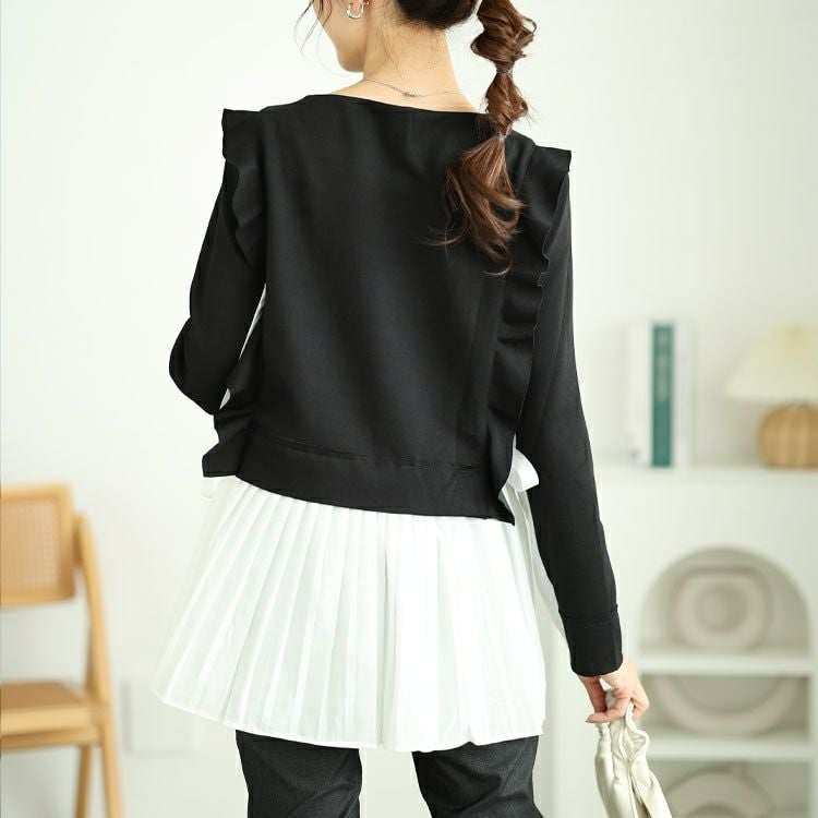 大きいサイズ レディース 配色プリーツドッキングフリルプルオーバー　jp509