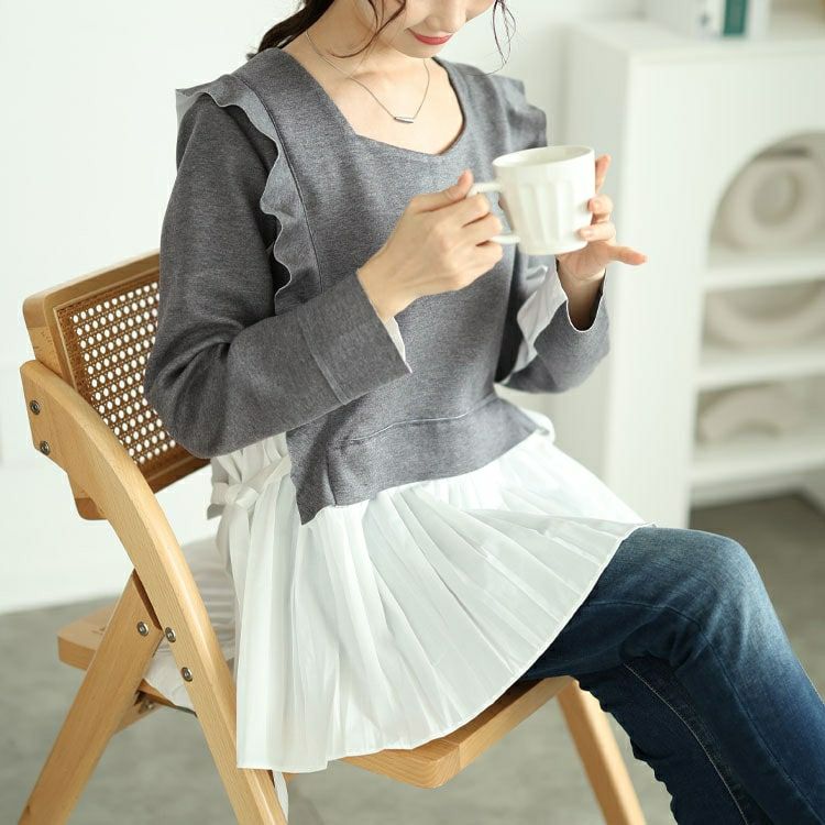 大きいサイズ レディース 配色プリーツドッキングフリルプルオーバー　jp509