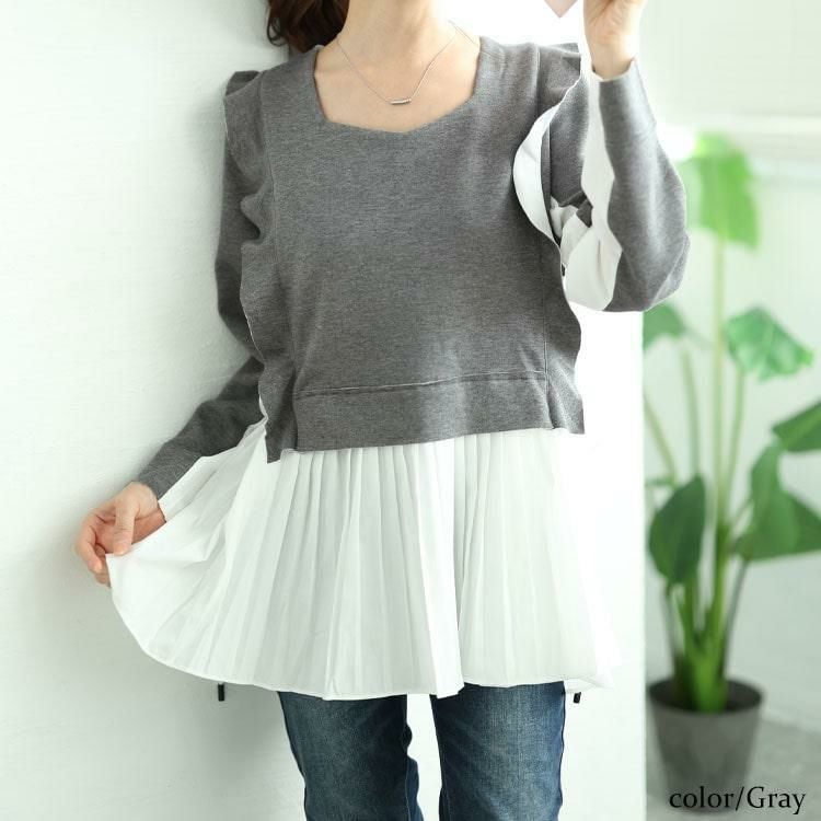 大きいサイズ レディース 配色プリーツドッキングフリルプルオーバー　jp509 グレー