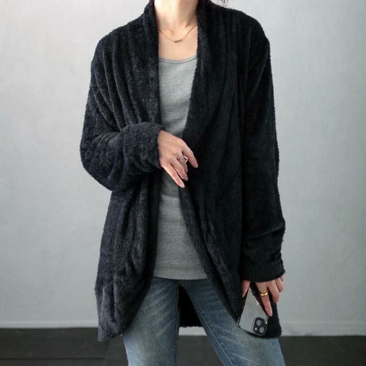 大きいサイズ レディース シャギーニットガウンカーディガン　jp508 ブラック
