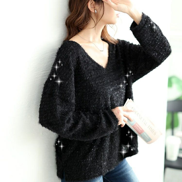 大きいサイズ レディース ラメシャギーVネックニット　tog-1010