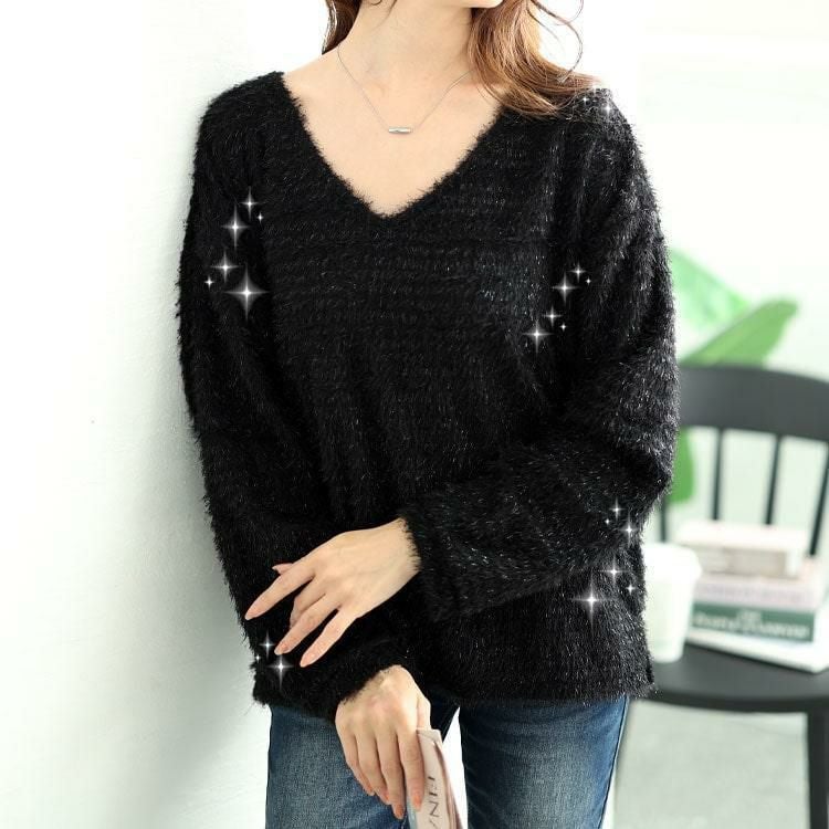 大きいサイズ レディース ラメシャギーVネックニット　tog-1010 ブラック
