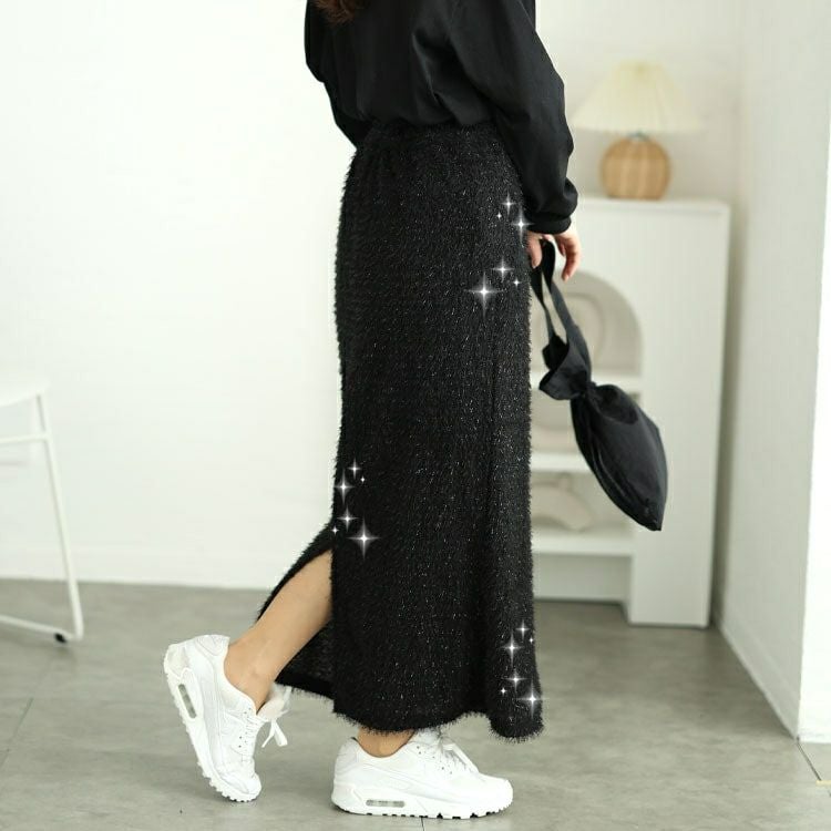 大きいサイズ レディース ラメシャギーバックスリットナロースカート　tog-1008