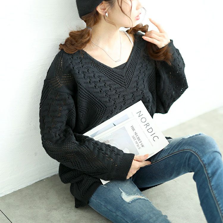 大きいサイズ レディース Vネック透かし編みニット　jp521