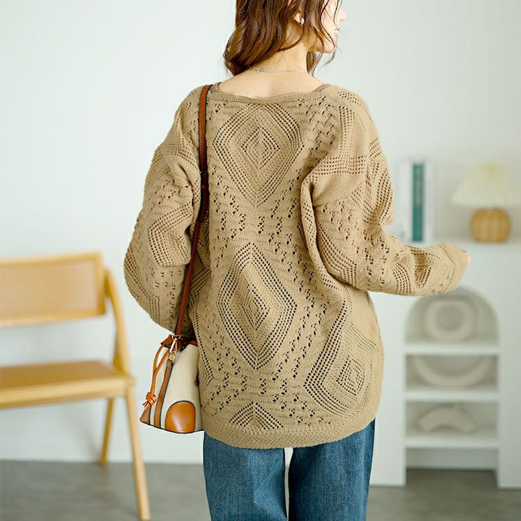 大きいサイズ レディース Vネック透かし編みニット　jp521