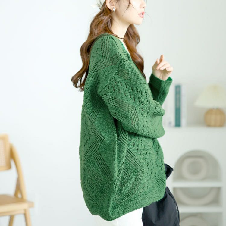 大きいサイズ レディース Vネック透かし編みニット　jp521