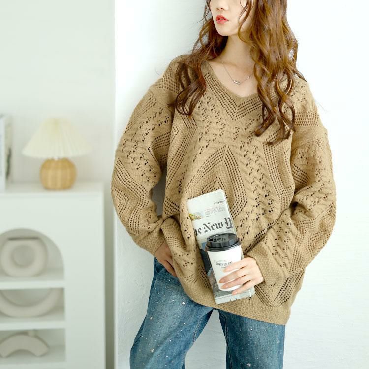 大きいサイズ レディース Vネック透かし編みニット　jp521 ベージュ