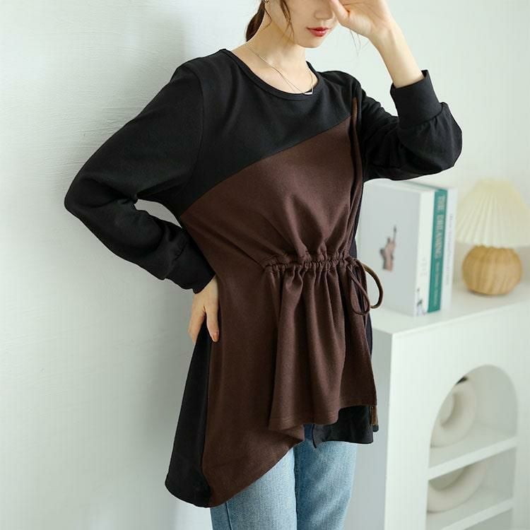 大きいサイズ レディース ウエストシャーリングアシメトップス　jp514 ブラック