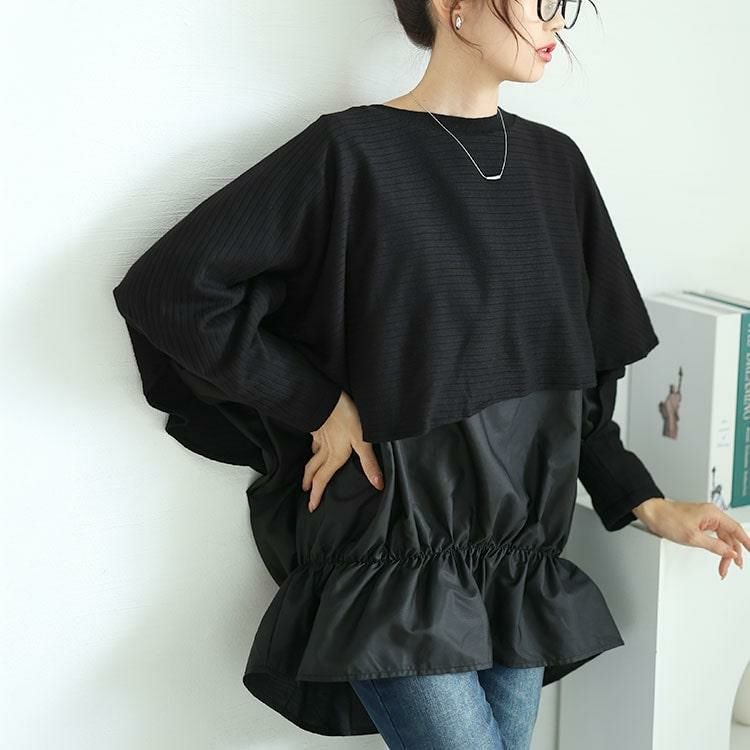 大きいサイズ レディース 裾シャーリングドルマントップス　jp513 ブラック