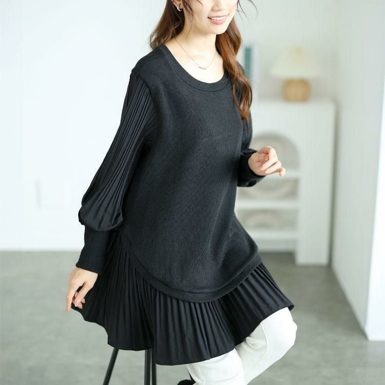 大きいサイズ レディース 異素材プリーツプルオーバー　jp512 ブラック