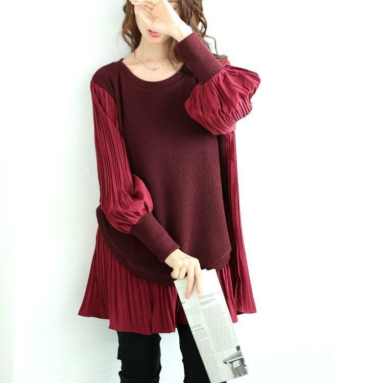 大きいサイズ レディース 異素材プリーツプルオーバー　jp512 レッド