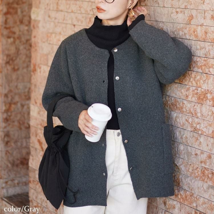 大きいサイズ レディース ノーカラーニットカーディガン　cpdai-640582 グレー