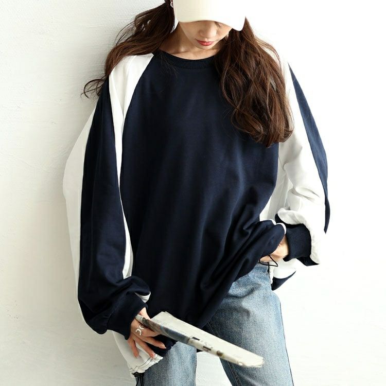 大きいサイズ レディース 裾ドロスト配色ラグランプルオーバー　bai-0167