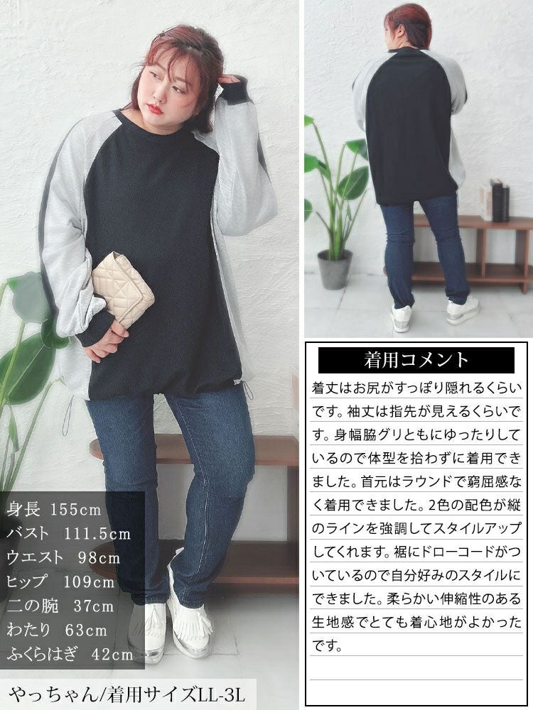 大きいサイズ レディース 裾ドロスト配色ラグランプルオーバー　bai-0167