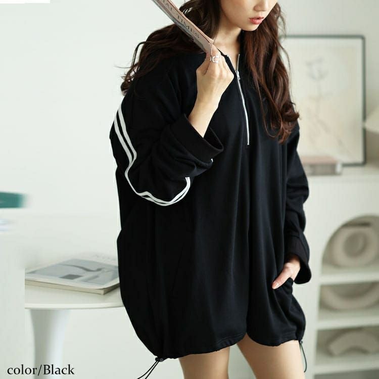 大きいサイズ レディース 裾ドロストハーフジップラインパーカー　bai-0166