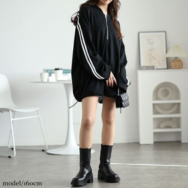 大きいサイズ レディース 裾ドロストハーフジップラインパーカー　bai-0166