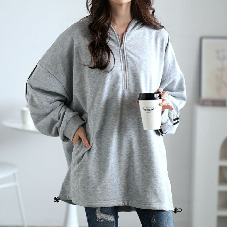 大きいサイズ レディース 裾ドロストハーフジップラインパーカー　bai-0166
