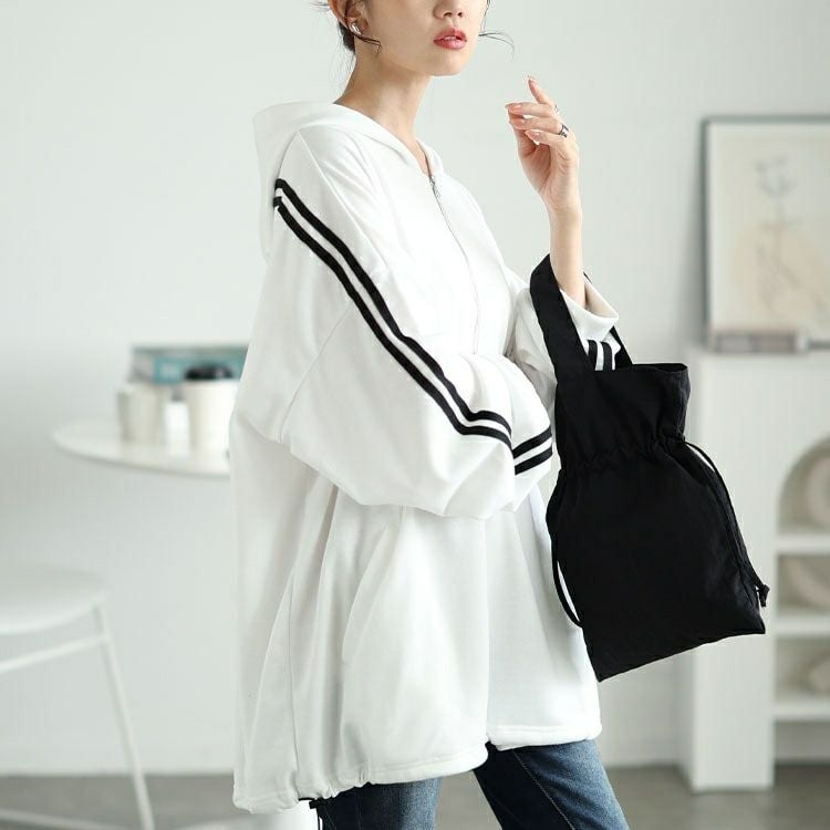 大きいサイズ レディース 裾ドロストハーフジップラインパーカー　bai-0166