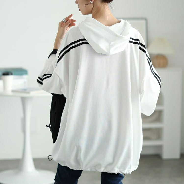 大きいサイズ レディース 裾ドロストハーフジップラインパーカー　bai-0166