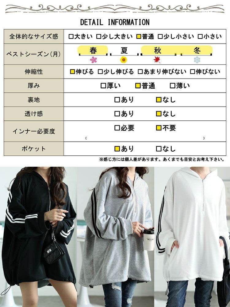 大きいサイズ レディース 裾ドロストハーフジップラインパーカー　bai-0166