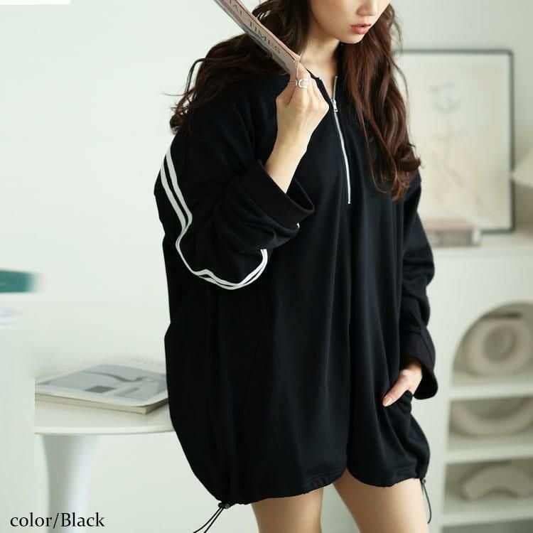 大きいサイズ レディース 裾ドロストハーフジップラインパーカー　bai-0166 ブラック