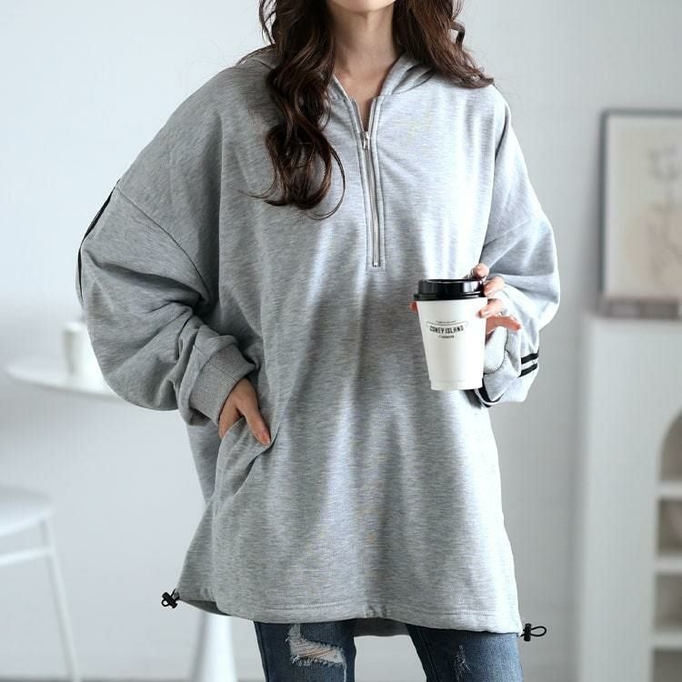 大きいサイズ レディース 裾ドロストハーフジップラインパーカー　bai-0166 グレー