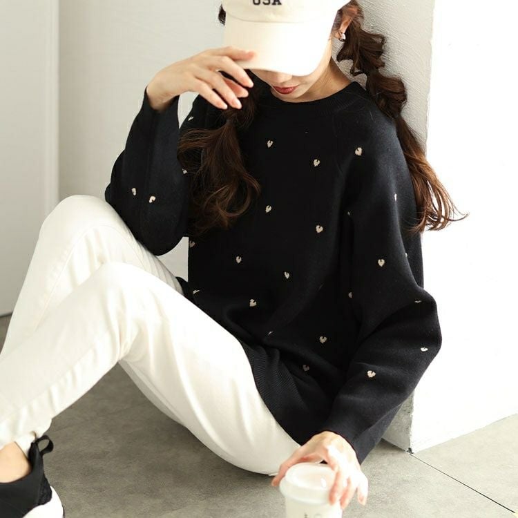 大きいサイズ レディース ハート柄ジャガードラグランニット　cpdai-640588