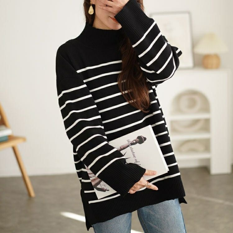 大きいサイズ レディース ハイネックパネルボーダーミラノリブニット　cpdai-640596