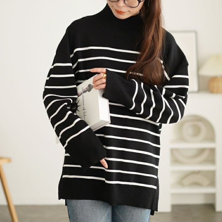 大きいサイズ レディース ハイネックパネルボーダーミラノリブニット　cpdai-640596