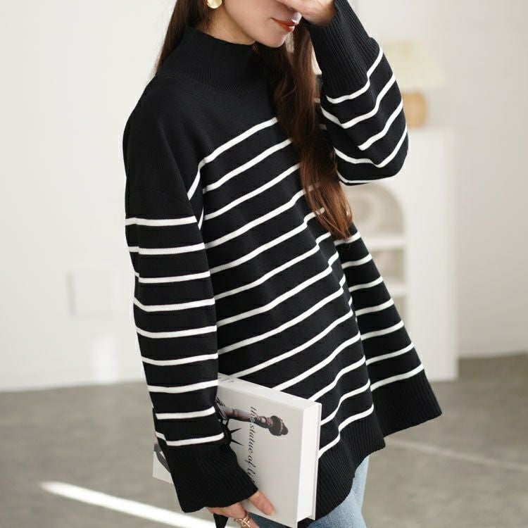 大きいサイズ レディース ハイネックパネルボーダーミラノリブニット　cpdai-640596