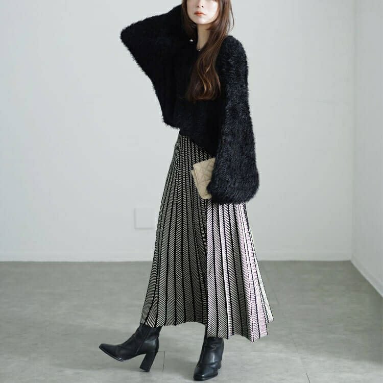 大きいサイズ レディース ヘリンボーン柄ニットプリーツスカート　cpdai-640602