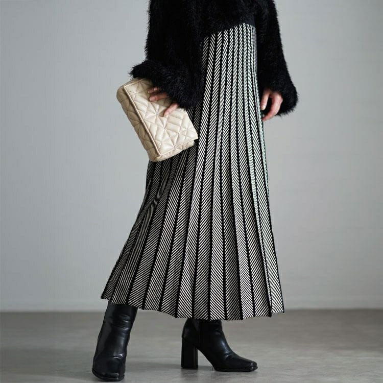 大きいサイズ レディース ヘリンボーン柄ニットプリーツスカート　cpdai-640602