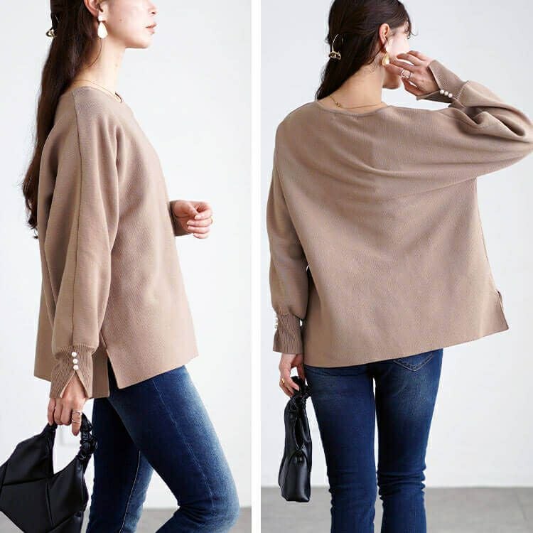 大きいサイズ レディース パールボタンミラノリブドルマンニット　cpdai-640615