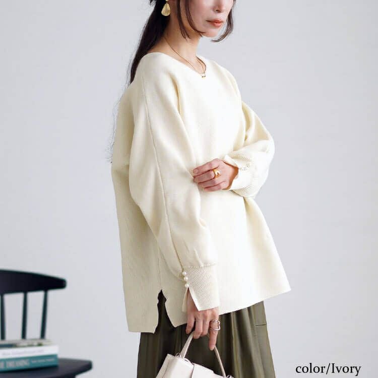 大きいサイズ レディース パールボタンミラノリブドルマンニット　cpdai-640615