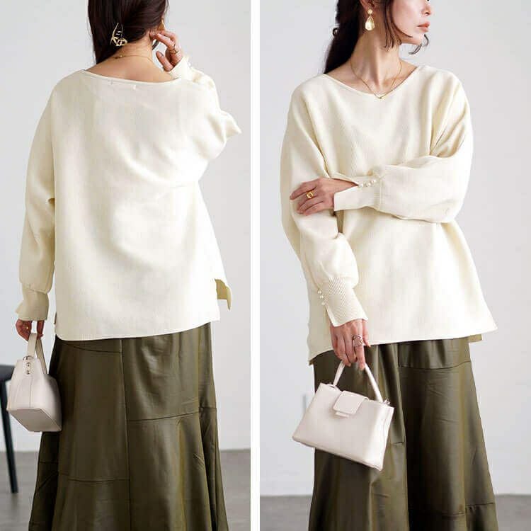 大きいサイズ レディース パールボタンミラノリブドルマンニット　cpdai-640615