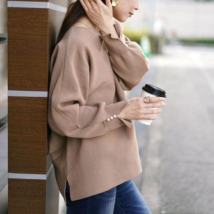 大きいサイズ レディース パールボタンミラノリブドルマンニット　cpdai-640615