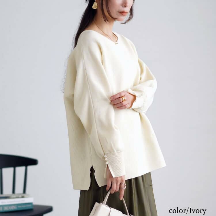 大きいサイズ レディース パールボタンミラノリブドルマンニット　cpdai-640615 アイボリー