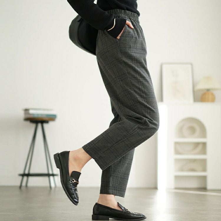 大きいサイズ レディース チェック柄メルティストレッチ微起毛テーパードパンツ　cpdai-640531