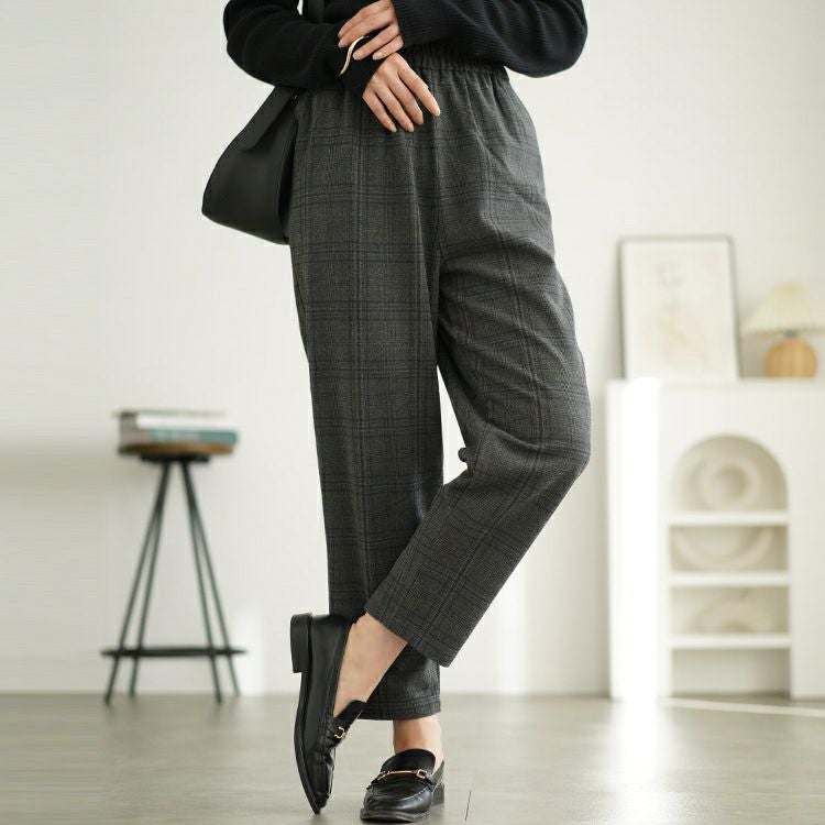 大きいサイズ レディース チェック柄メルティストレッチ微起毛テーパードパンツ　cpdai-640531