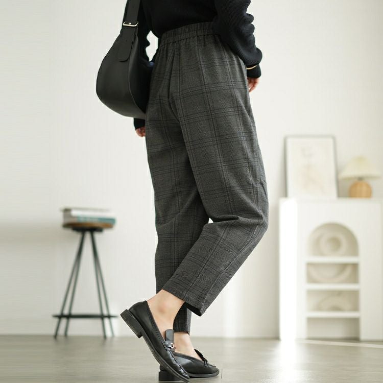 大きいサイズ レディース チェック柄メルティストレッチ微起毛テーパードパンツ　cpdai-640531