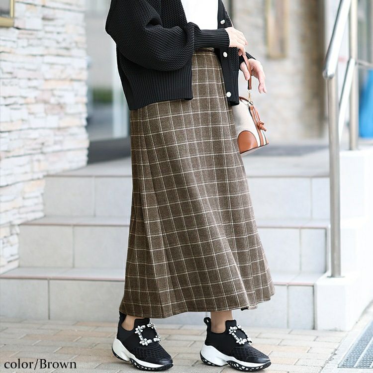 大きいサイズ レディース チェック柄メルティストレッチ微起毛タックナロースカート　cpdai-640533
