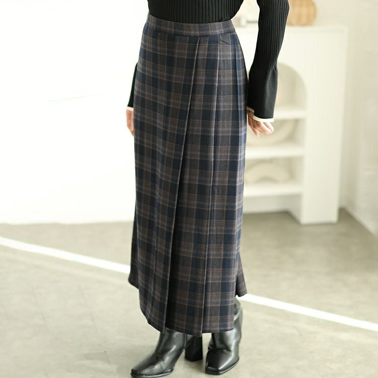 大きいサイズ レディース チェック柄メルティストレッチ微起毛タックナロースカート　cpdai-640533