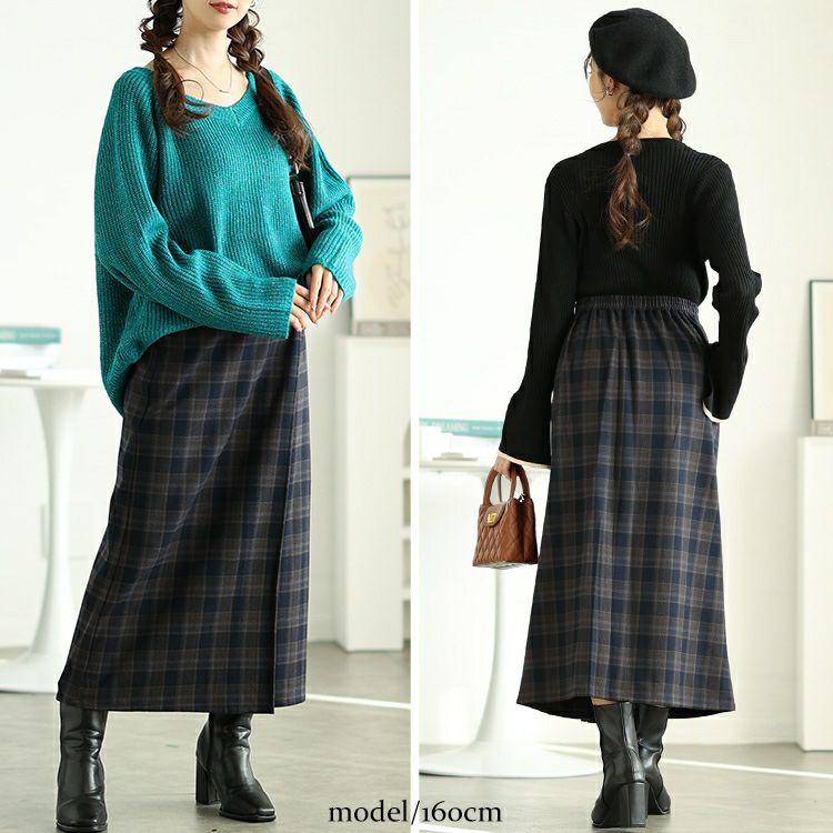 大きいサイズ レディース チェック柄メルティストレッチ微起毛タックナロースカート　cpdai-640533